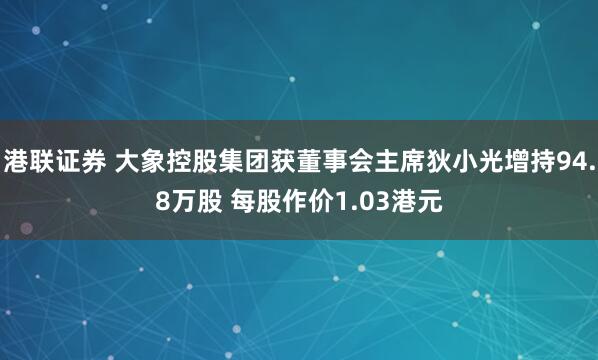 港联证券 大象控股集团获董事会主席狄小光增持94.8万股 每股作价1.03港元